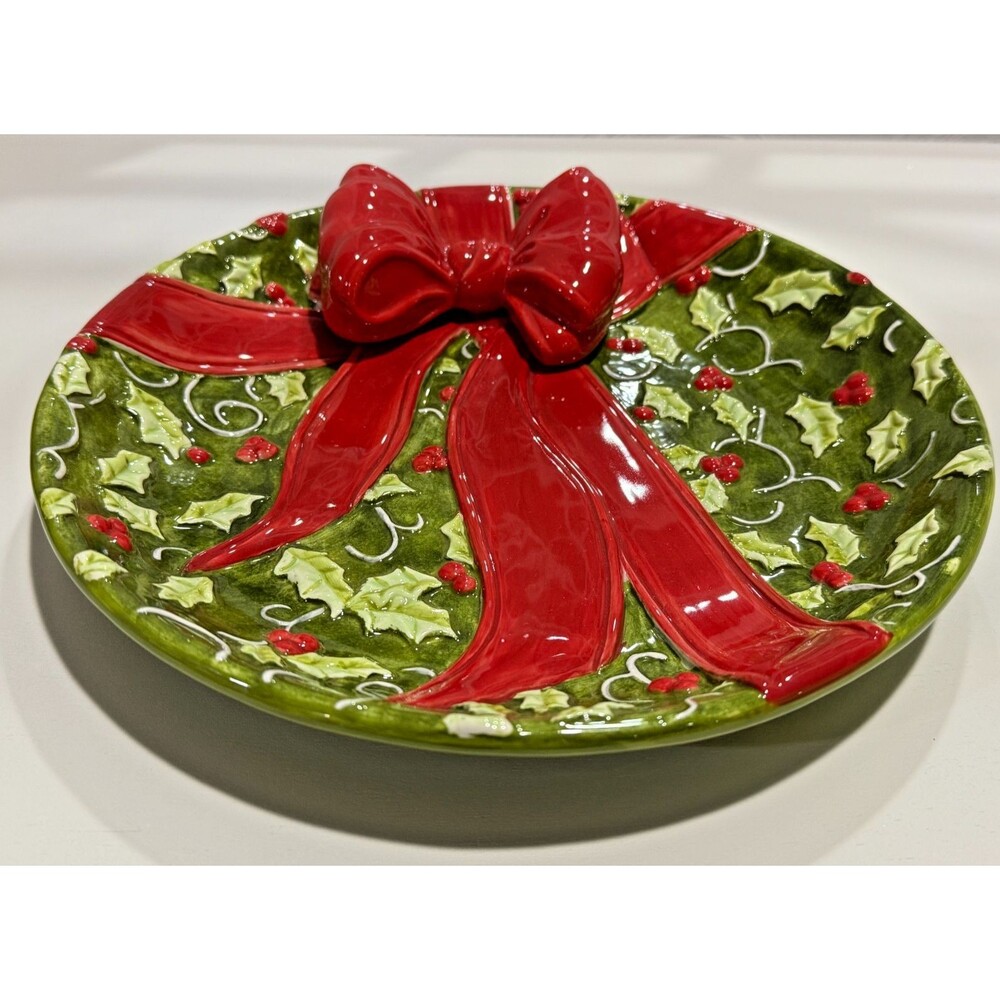 Sakura Cookie Plate "All Wrapped Up" 3D Christmas Plate 10.5" Holly Bow NOS RARE